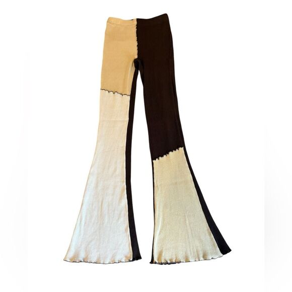 Topshop Patchwork Contrast Flared Pant Multicolored Neutral Ribbed Womens Size 4 - Picture 2 of 12